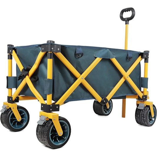 Collapsible Wagon Cart Utility Folding Carts Heavy Duty for Outdoor Camping Beach Garden With Big Wheels Dark Green Yellow XL